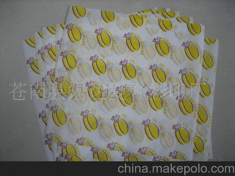 供應熱賣通用漢堡紙、防油食品紙袋、漢堡紙