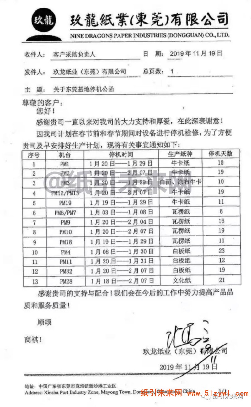 玖龍紙業春節停機函