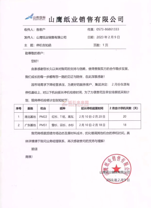 山鷹紙業(yè)停機(jī)函2023-2-9 廣東基地 湖北基地