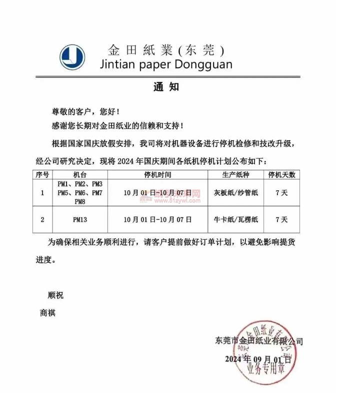 【通知】東莞市金田紙業有限公司10月1日-10月7日期間停機7天