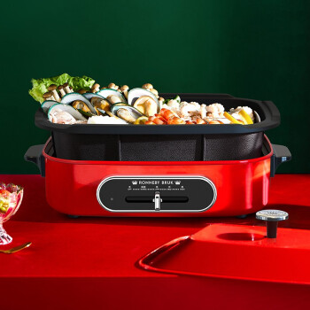瑞典 多功能料理鍋 網(wǎng)紅烤肉鍋韓式電烤爐煎烤盤 家用無煙電火鍋電烤盤 烤肉鍋 復古紅(深鍋+牛扒盤)